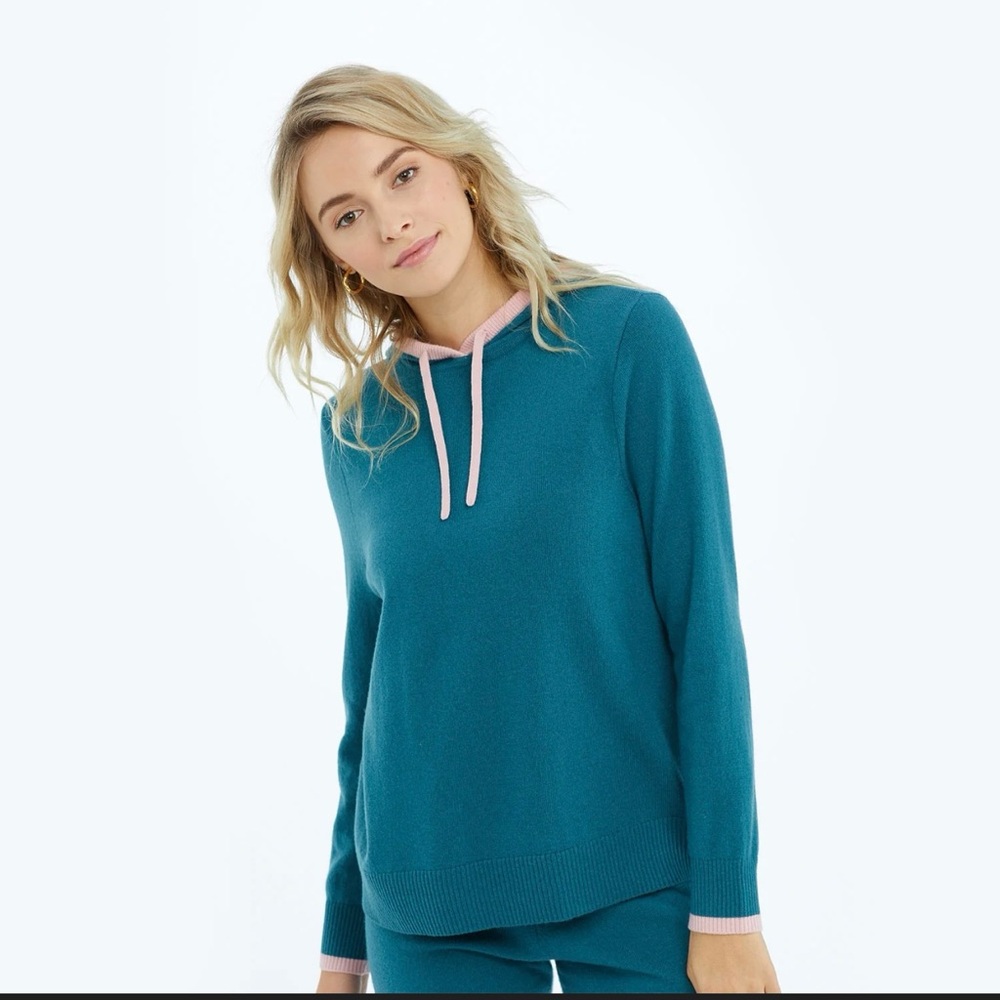 summersalt The‎ Coziest Cashmere Blend Hoodie Teal Pullover with Pink Trim